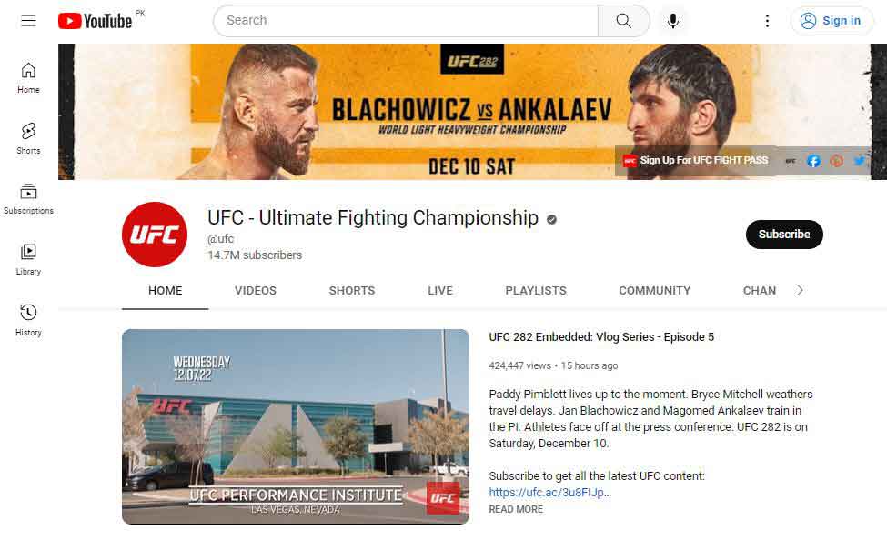 UFC Channel On YouTube
